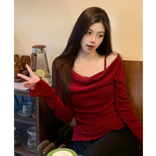 Pure cotton retro niche fake two-piece autumn new hot girl swing collar bottoming shirt women's slimming top