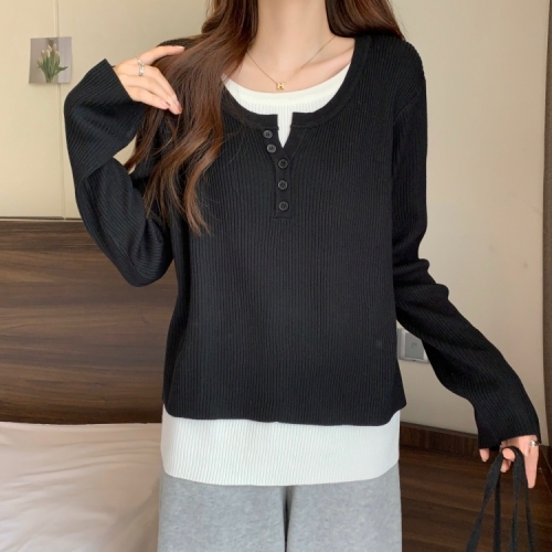 Large size belly-covering round neck fake two-piece women's Korean style autumn fat mm looks slim, unique and chic, versatile tops and small shirts