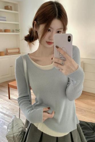 Real shot of autumn and winter Korean style round neck contrasting fake two-piece temperament versatile 6 wool knitted bottoming shirt top