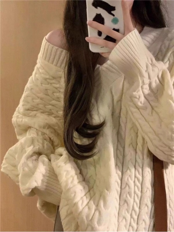 V-neck blue twist pullover sweater for women in autumn and winter new thickened loose high-end lazy style top