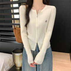 Actual shot of autumn and winter Korean style simple double zipper Andy velvet knitted long-sleeved cardigan top jacket