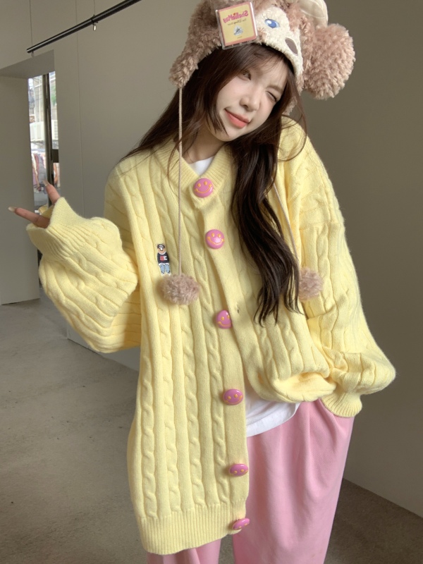 Korean style sweet age-reducing smiley face buttoned heavy embroidery soft waxy twist sweater