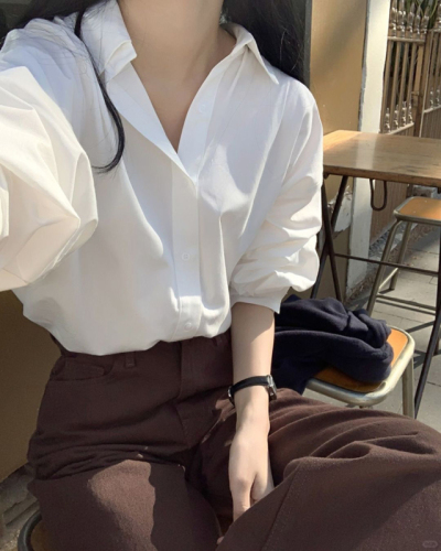 Simple basic white shirt women's autumn long-sleeved shirt