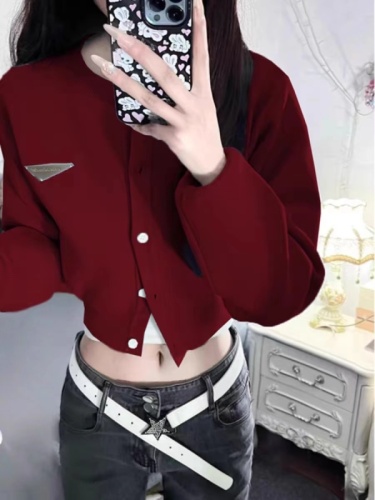 Ankora red high-end cardigan sweater short coat for women autumn new small chic knitted top