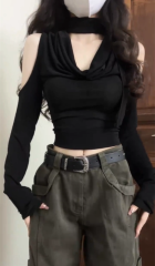 Pure lust hottie off-shoulder V-neck hollow bottoming shirt autumn black long-sleeved short top