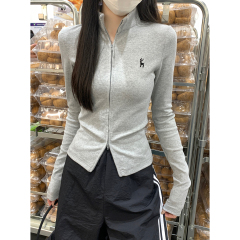 Real shot of autumn and winter Korean style half turtleneck slim fit double zipper temperament slim long-sleeved cardigan T-shirt top jacket