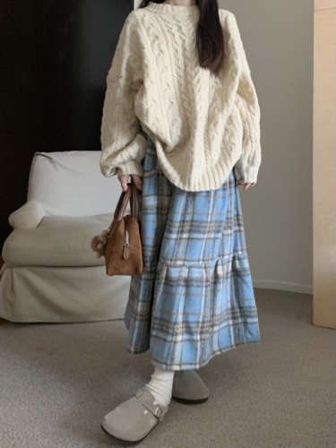 Real shot of woolen thickened Christmas red plaid high waist casual slimming cake skirt mid-length skirt