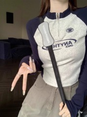 Plus size fat mm right shoulder women's t-shirt long sleeve letter slim zipper inner bottoming shirt short splicing top