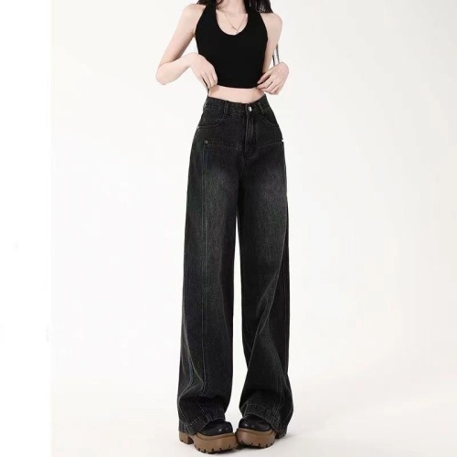 Wide-leg jeans for women in autumn new style high-waisted straight-leg loose slimming design wide-leg floor-length pants