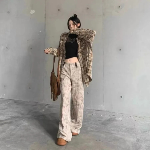 Autumn New American Retro Tie-Dye Print Casual Wide-Leg Pants for Women High-Waisted Loose-Fitting Slimming Flowy Floor-Length Pants