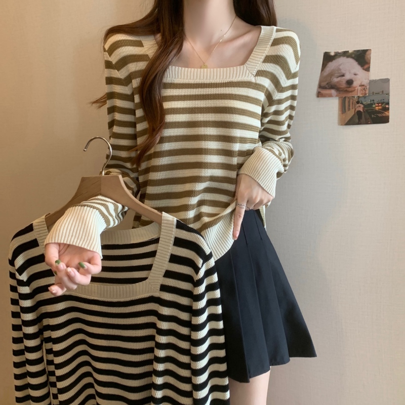 Autumn new large size fat girl square collar striped right shoulder knitted long-sleeved sweater
