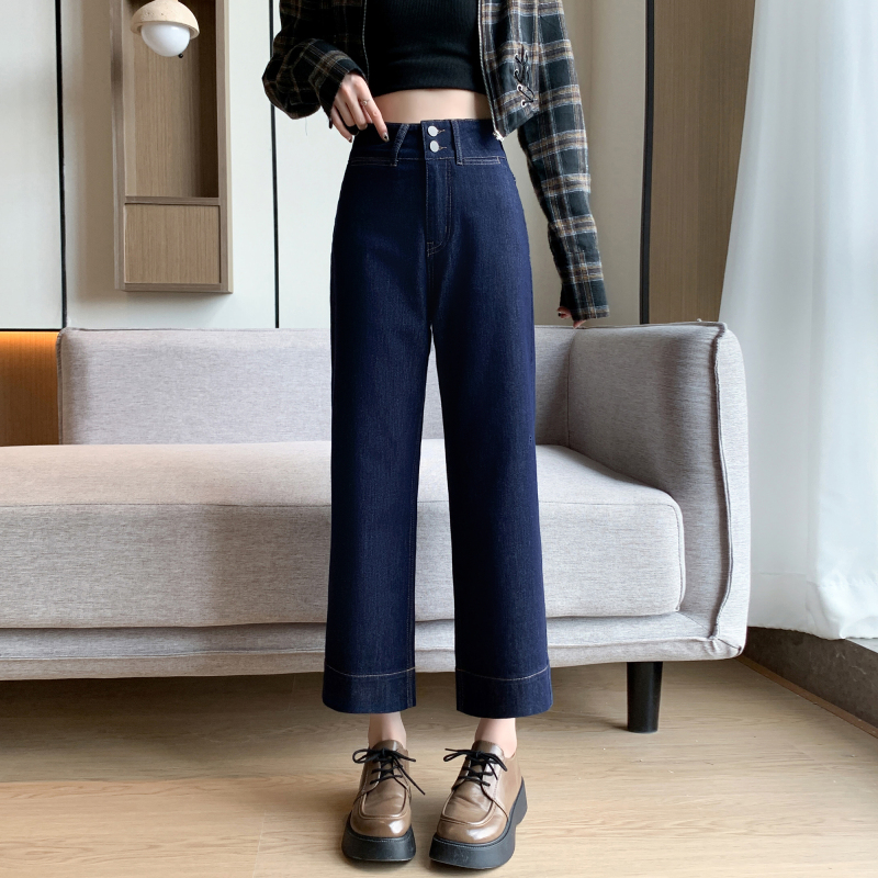2024 Autumn Versatile Cotton Elastic Dark Blue Eight-Point Straight Pants for Women 145CM Petite