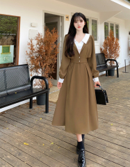 Fat sister fake two-piece bubble sleeve waisted dress 2024 autumn new teacher qualification interview design sense medium-length dress