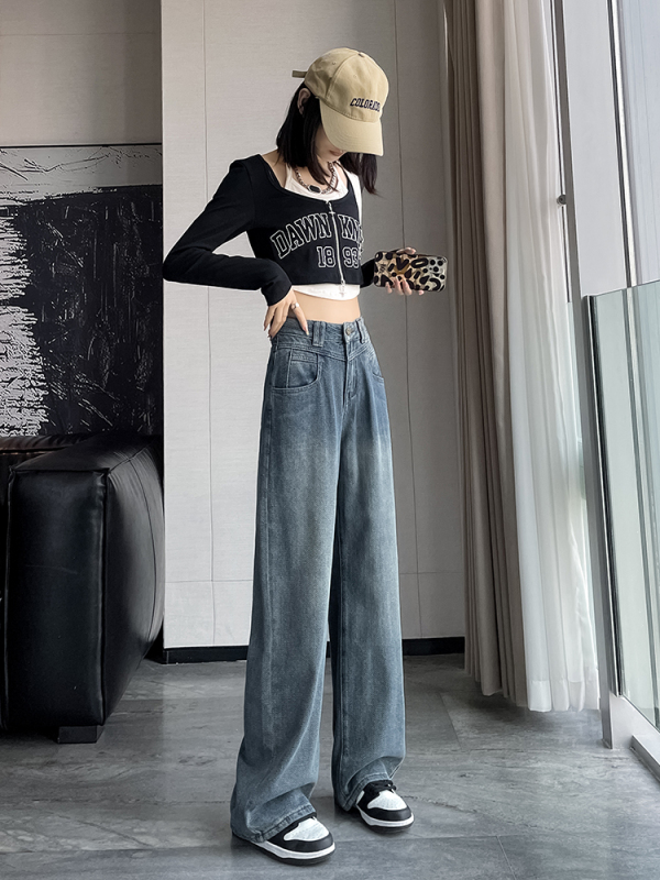 Retro straight jeans for women in fall, high-waisted, loose, slimming, wide-leg floor-length pants