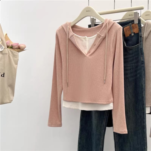 Designed fake two-piece spliced ​​hooded long-sleeved T-shirt for women 2024 autumn petite tops