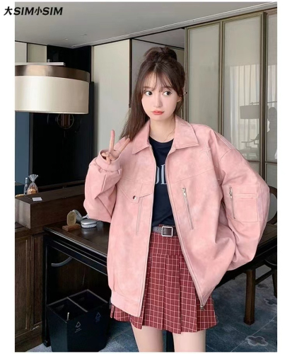 Autumn and winter pink leather jacket women's heavy-duty old gradient retro lapel jacket PU leather jacket top