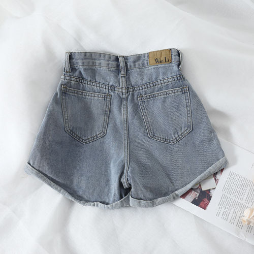 Hong Kong chic retro high-waisted loose wide-leg pants for women, versatile curled denim shorts, casual hot pants