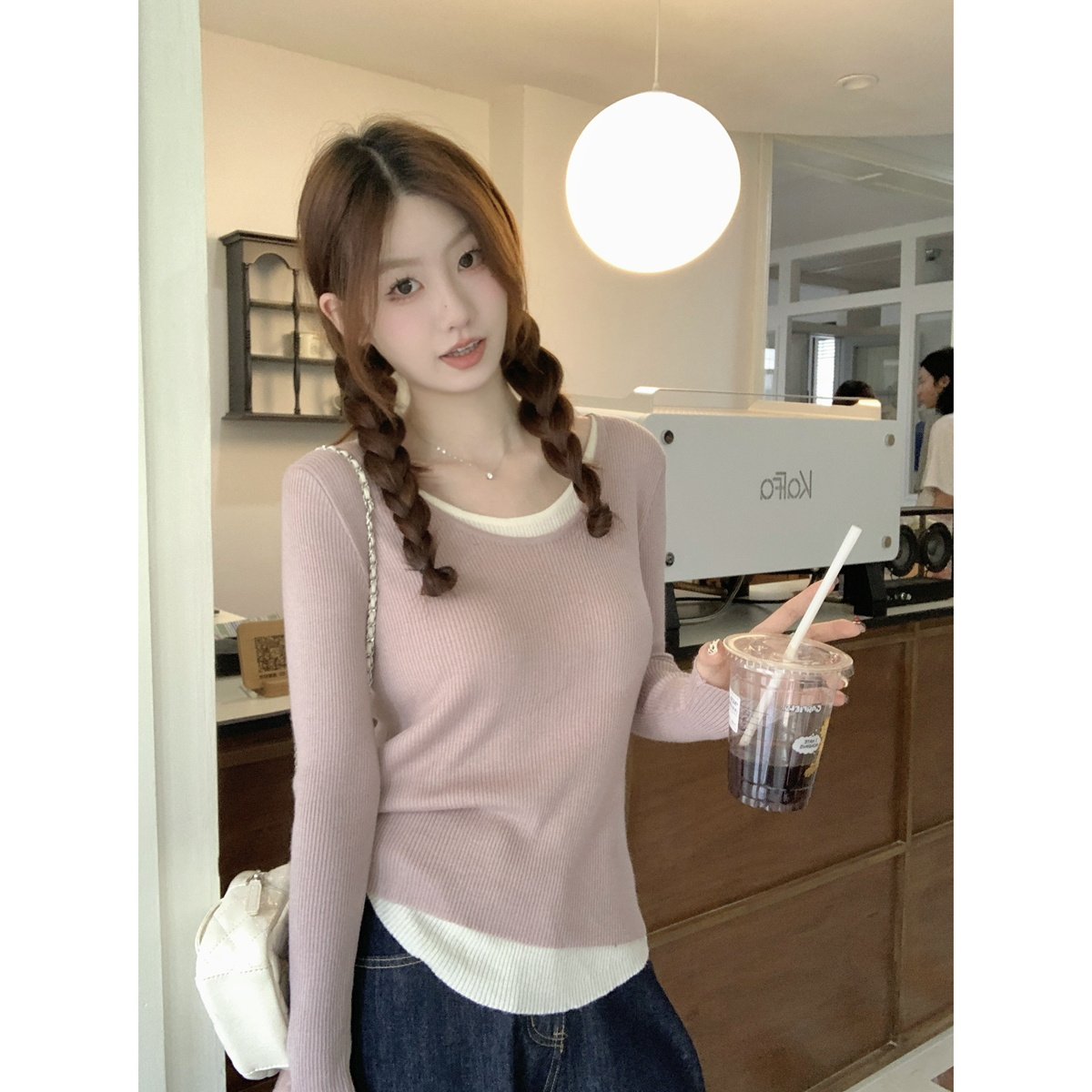Real shot of autumn and winter Korean style round neck contrasting color fake two-piece versatile lazy 6 wool knitted bottoming shirt top for women