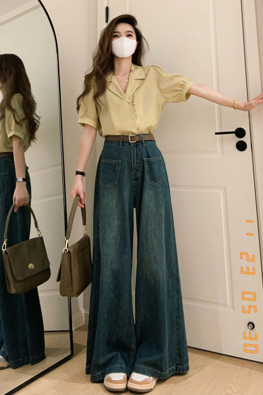 Casual high waist simple extra wide jeans wide leg trousers versatile plus size women's clothing 230 pounds