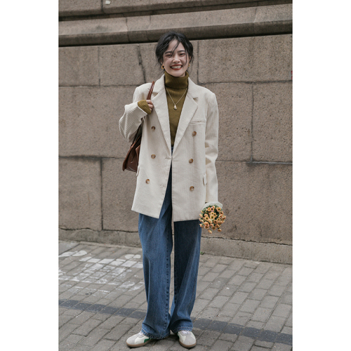 Corduroy suit casual jacket for women autumn and winter new retro Korean style Hong Kong style design high-end temperament black