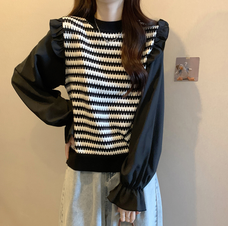 2024 new autumn and winter lace sleeves spliced ​​sweater sweater for fat mm women large size slimming single top