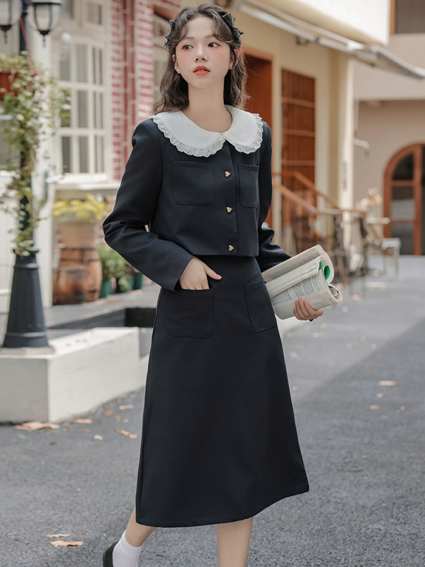 Autumn small fragrance style doll collar a-line skirt two-piece set gentle temperament suit tea style outfit complete set for women