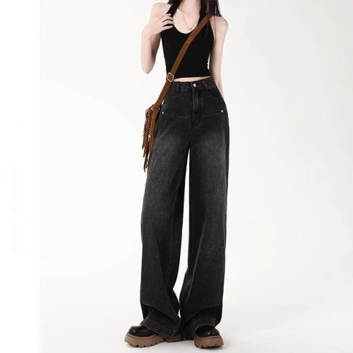 Wide-leg jeans for women in autumn new style high-waisted straight-leg loose slimming design wide-leg floor-length pants