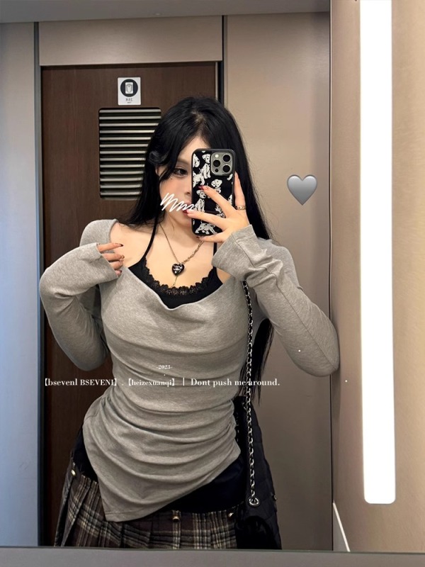 Plus size 2024 autumn new fat mm waist slimming sexy inner bottoming swung collar T-shirt tops women's two-piece set