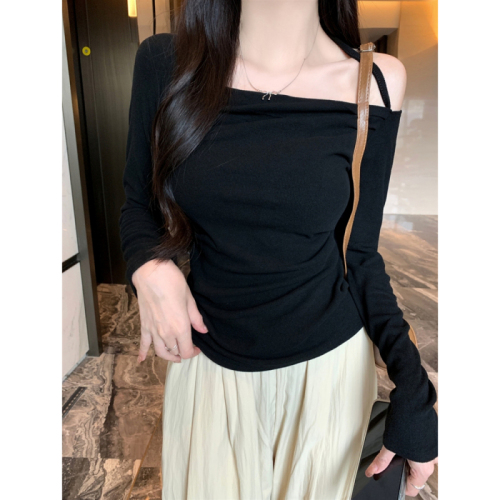 Actual shot of 2024 autumn and winter wear brushed off-shoulder halterneck long-sleeved T-shirt for women