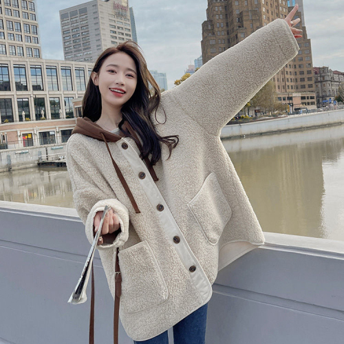 Lamb plush coat for women in autumn and winter plus velvet and thickened hooded loose and versatile new Korean style fur all-in-one cotton coat for women