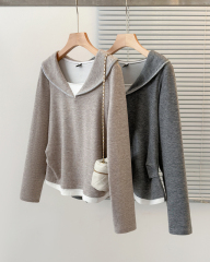 Plus size women's autumn and winter new versatile splicing fake two-piece tops fashion loose and slim shirt