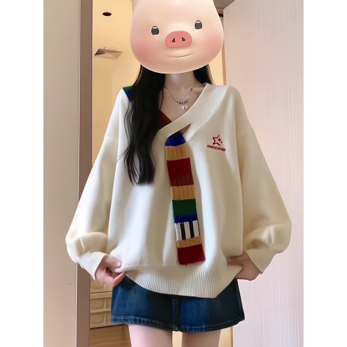 American retro rainbow wool splicing v-neck sweater jacket autumn and winter loose college style high-end women's sweater