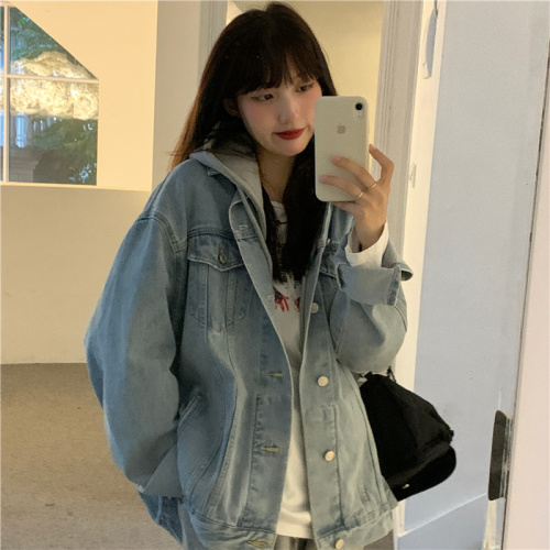 Women's plus size fat M denim jacket loose casual versatile hooded denim jacket