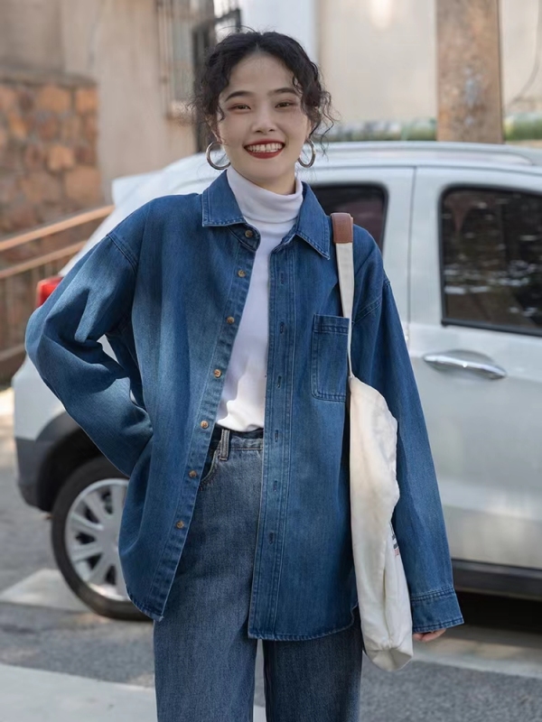 Denim shirt women's autumn and winter design retro inner shirt jacket layered long-sleeved top blue