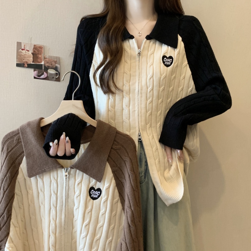 Large size contrasting color polo collar double zipper sweater autumn and winter fat mm covers the belly and looks slimming twist sweater jacket