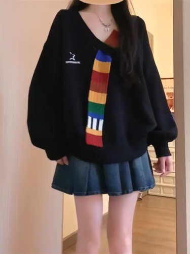 American retro rainbow wool splicing v-neck sweater jacket autumn and winter loose college style high-end women's sweater