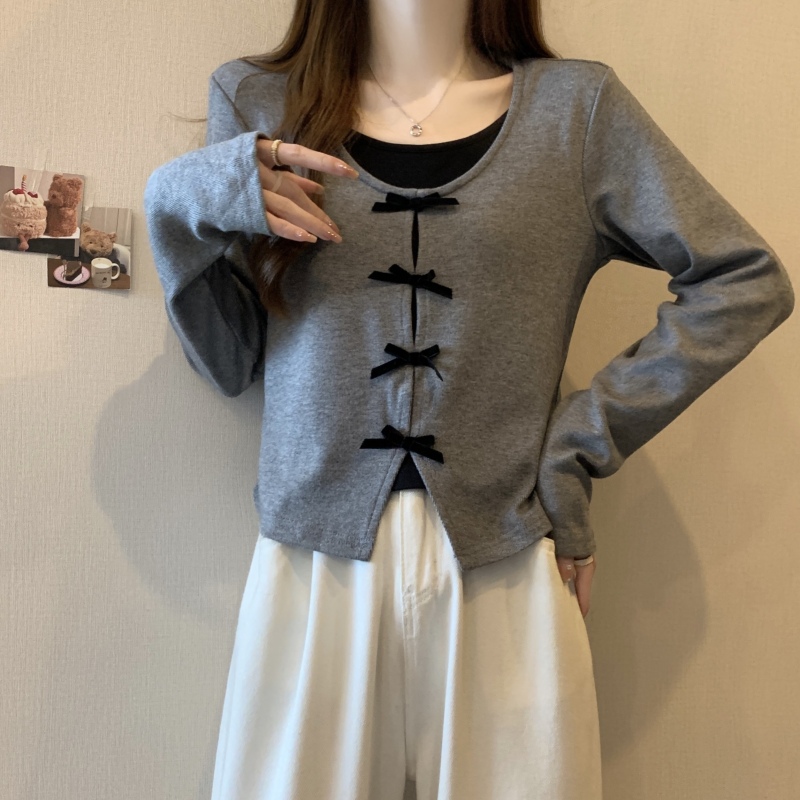 Large size design sense gray fake two-piece bow knitted sweater fat mm slimming short top