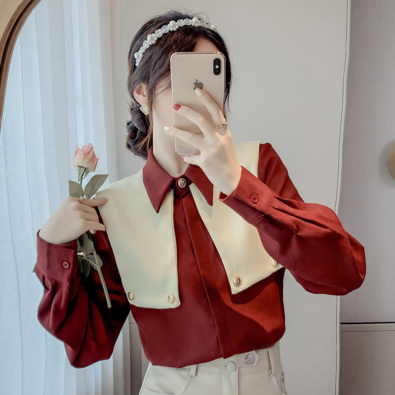 Autumn and winter navy collar metal buckle decoration personalized Korean style loose and slim shirt top