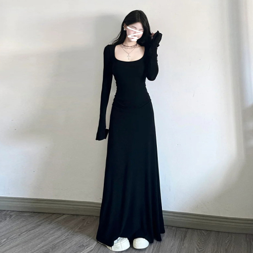 2024 early autumn new Korean style high-end black long-sleeved dress early autumn women's royal sister style slim long skirt