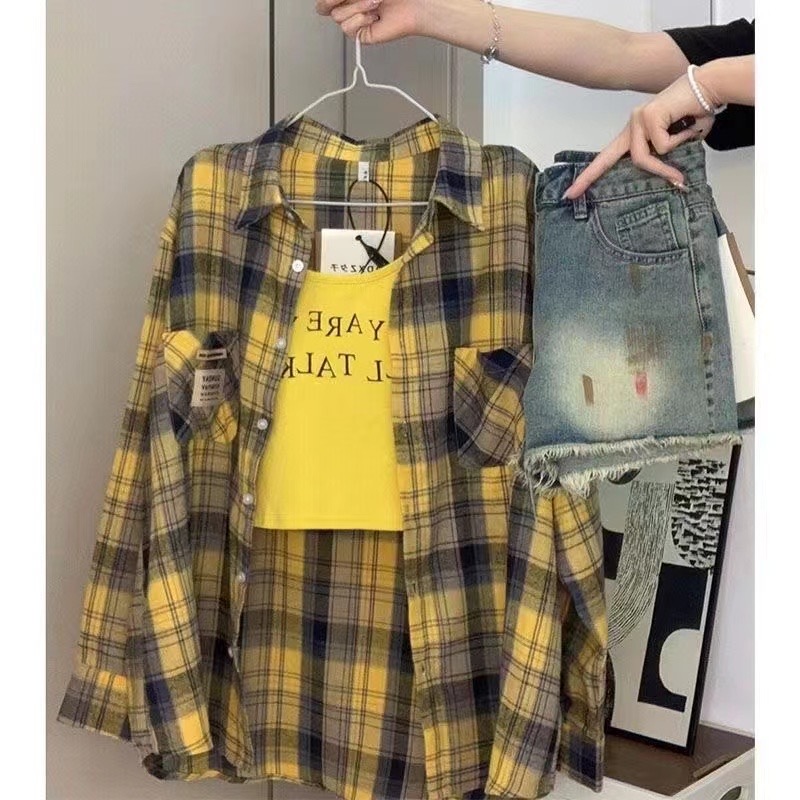 Retro Sweet American Retro Brushed Plaid Shirt Summer New Loose Lazy Sunscreen Shirt Jacket