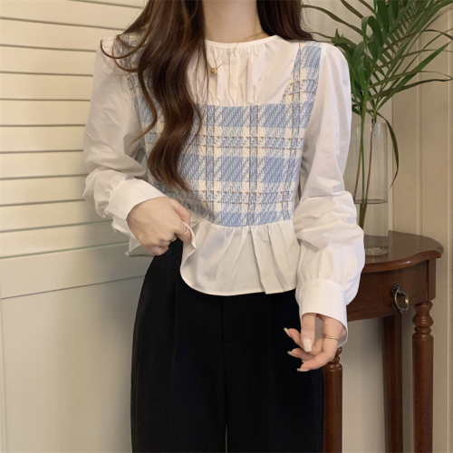 Large size fake two piece plaid shirt women's autumn clothing 2024 fat mm loose slimming French top