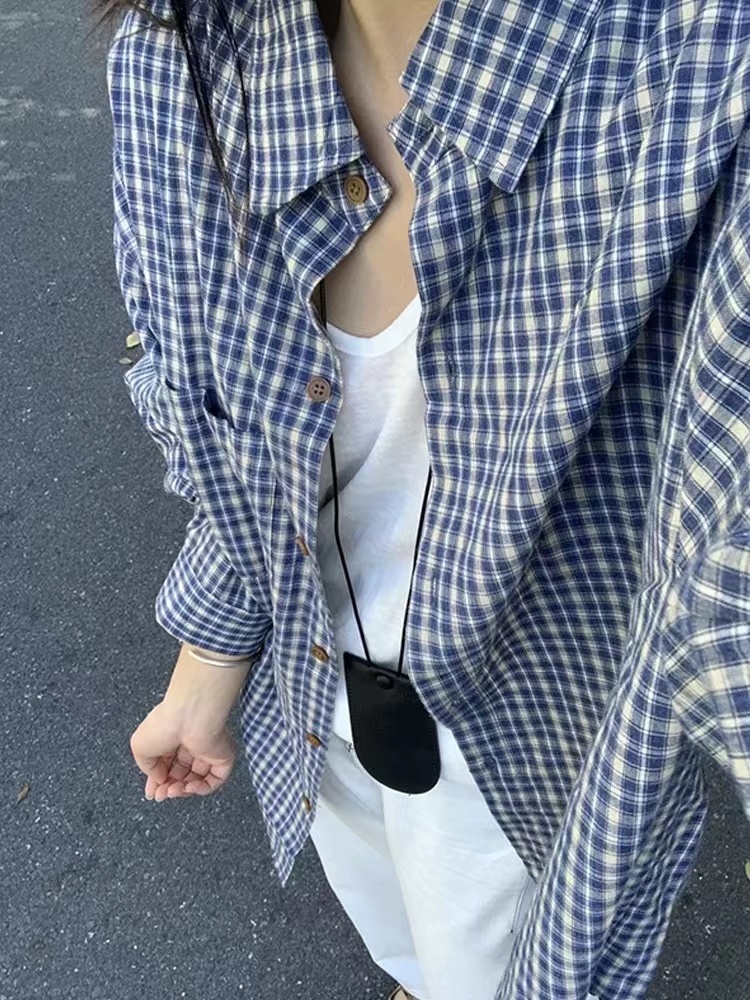 非實拍 新款寬鬆休閒外套美式復古藍色格子襯衫百搭氣質上衣