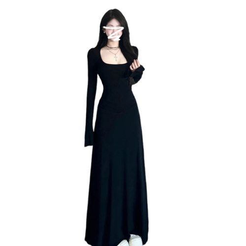 2024 early autumn new Korean style high-end black long-sleeved dress early autumn women's royal sister style slim long skirt