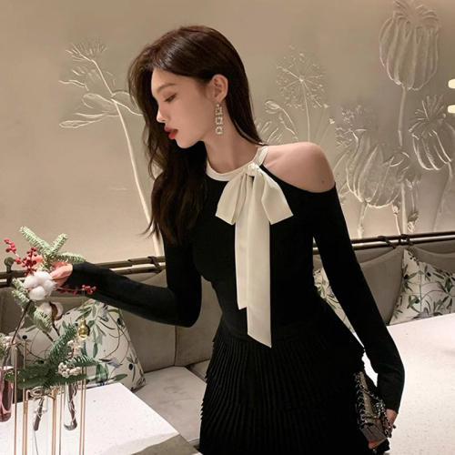 Spring and Autumn Off-Shoulder Light Mature Tops Women's Designed Short Slim Bow Long Sleeve T-Shirts