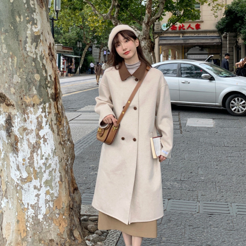 Hepburn style new design niche woolen coat winter Korean retro contrasting color lapel long windbreaker jacket