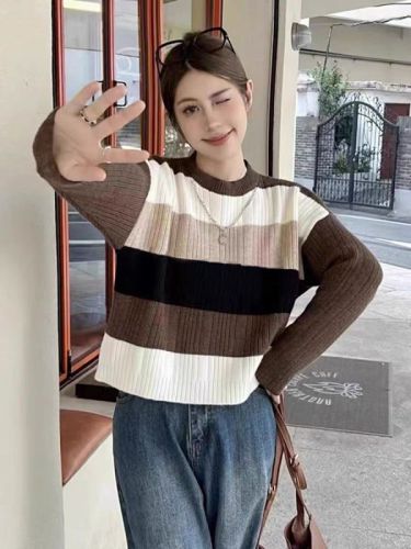 Retro contrast striped pullover sweater lazy style sweater for women 2024 autumn new style French chic sweater trend