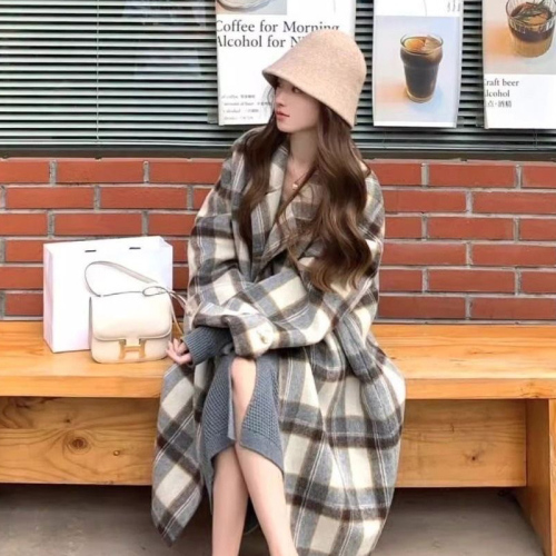 Tartan coat women's mid-length 2024 autumn and winter new style high-end Maillard small woolen coat