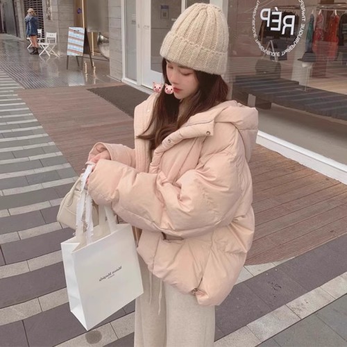 Pink short hooded down cotton coat for women 2024 winter new Korean version small loose student bread coat cotton coat