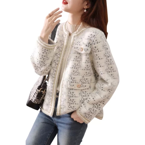 Fat mm small fragrant imitation mink velvet thickened sweater jacket versatile age-reducing spring, autumn and winter knitted cardigan large size women's clothing