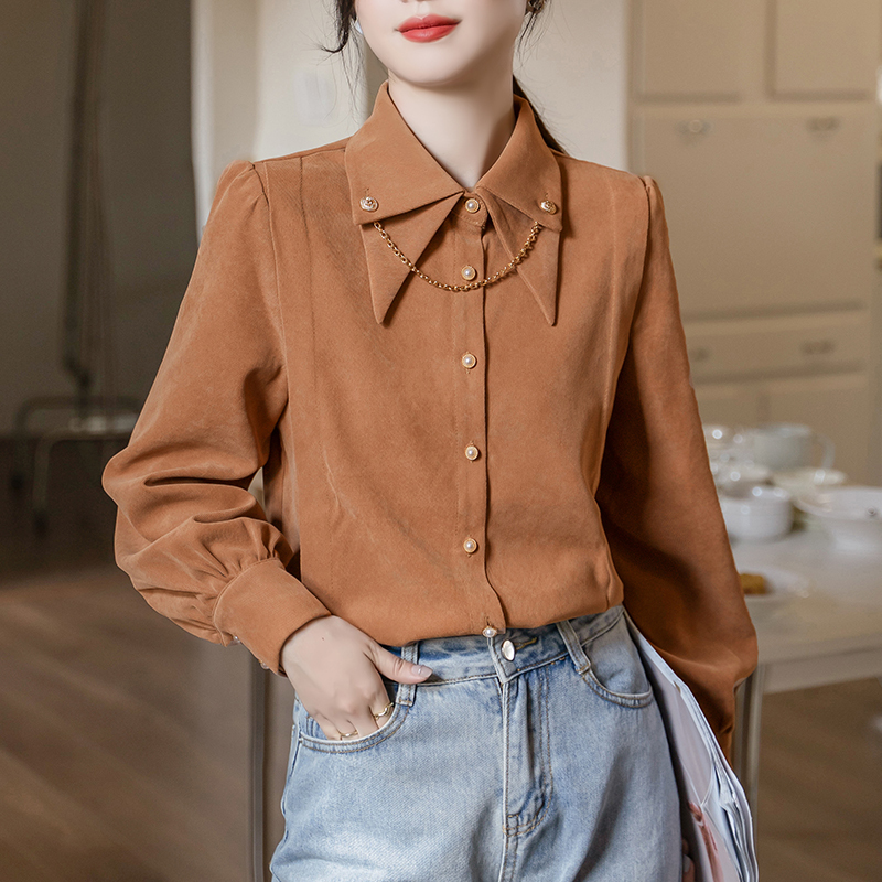 Autumn and winter brushed corduroy shirt design chain retro long-sleeved shirt thickened bottoming top
